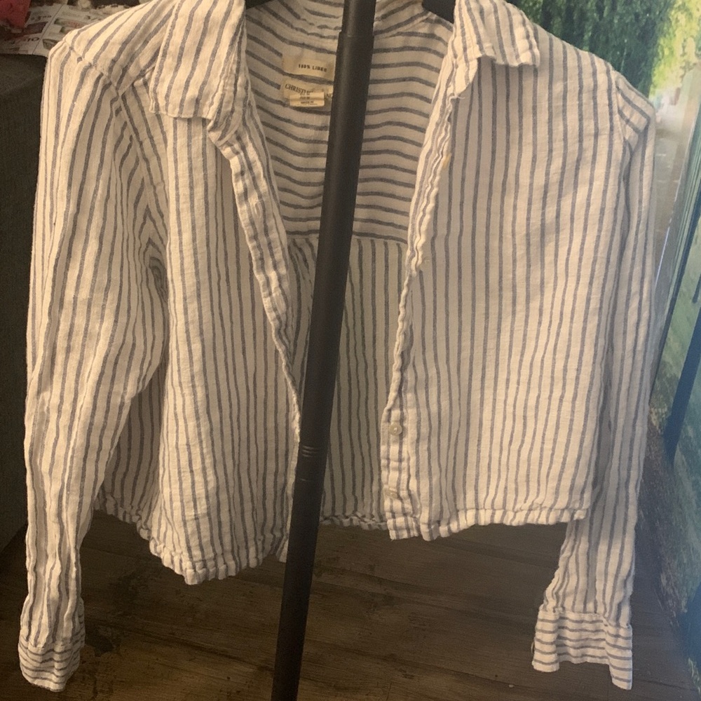 Christian Siriano Blue & White Striped Linen Button-Up